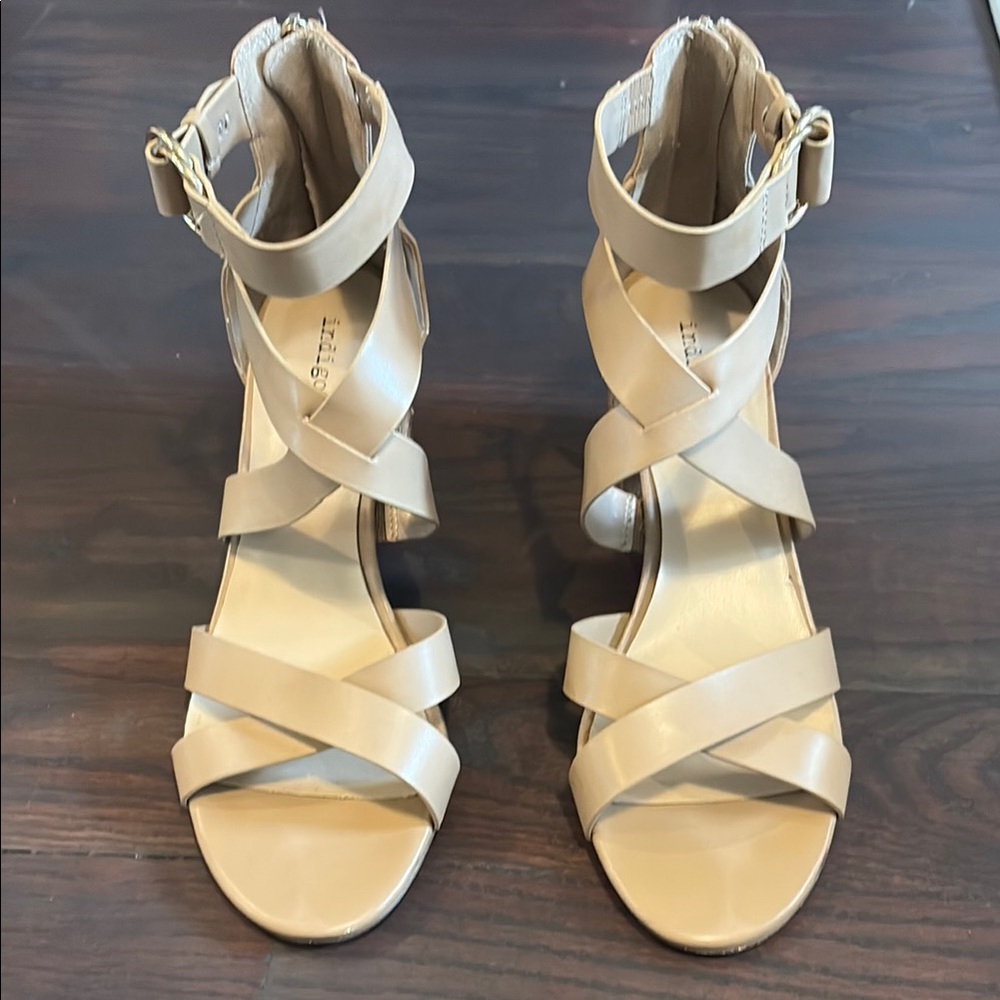 Tan Leather Strappy Sandals with Buckle detail and heel zipper enclosure